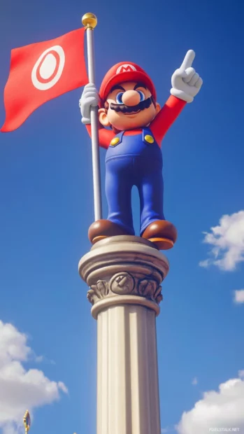 Mario standing victorious atop a flag pole, a classic Super Mario scene.