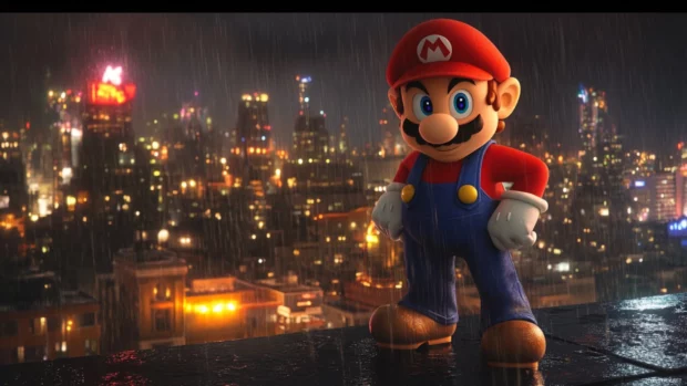 Mario stands confidently on a rain slick rooftop while lights flicker across the city below.