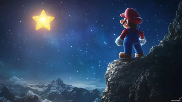 Mario stands on a cliff with a star floating beside him lighting the way into space.