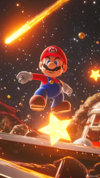 Mario stands on a spinning star platform as meteors streak across the background.