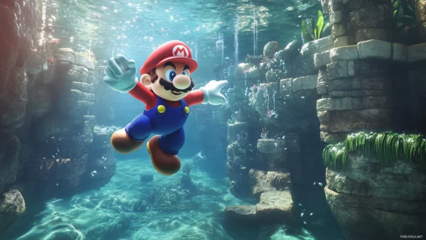 Mario swims through a crystal clear lake in the underwater stages of Super Mario World.