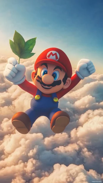 Mario transforming with a leaf power up and flying between clouds in cartoon style.