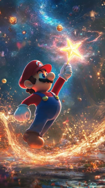 Mario twirls in space holding a star wand that sends waves of light across the sky.