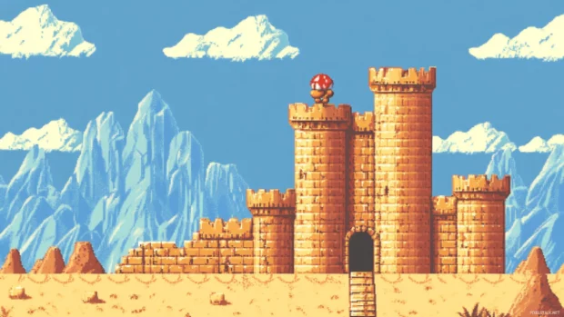 Mario uses a springboard to reach a tall fortress entrance in the desert area of Super Mario World.