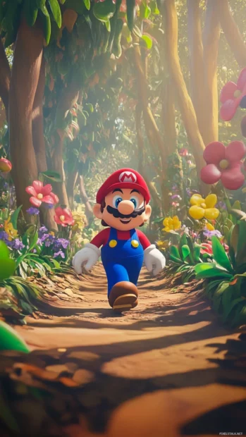 Mario walking through a colorful cartoon jungle with smiling flowers and trees.