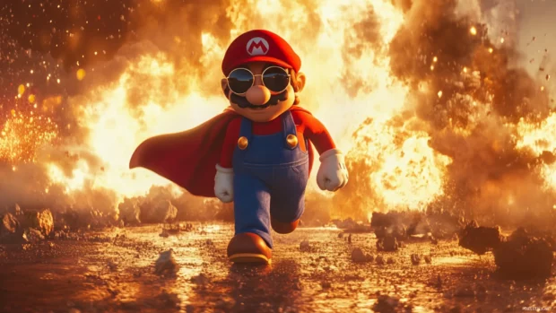Mario walks away from a massive explosion with sunglasses on and cape billowing.