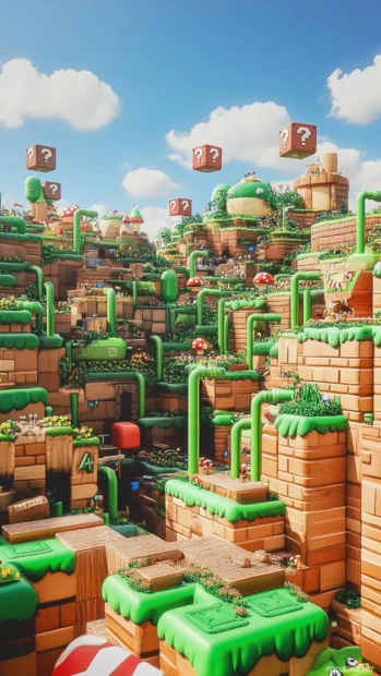 Mario world wallpaper iPhone, showcasing a panoramic view of World 1 1, full of pipes and question blocks.