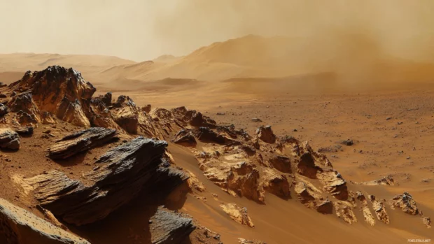 Mars landscape with wind carved rock formations and dust storm.