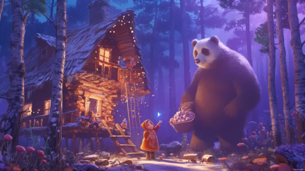 Masha and the Bear building a treehouse under magical lights.