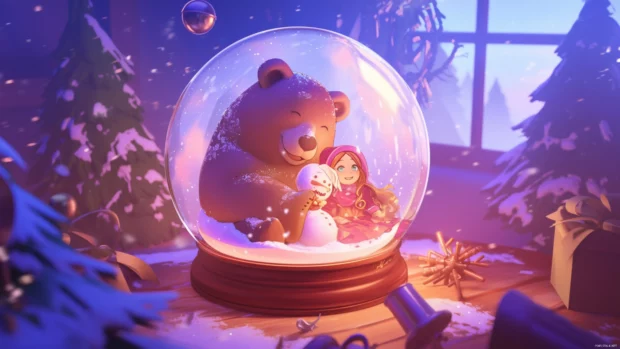 Masha and the Bear floating in a digital snow globe dream.