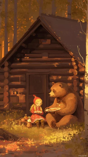 Masha and the Bear sharing snacks beside a forest cabin.