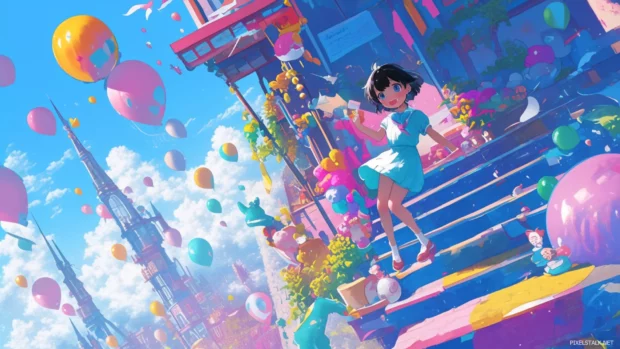 Masha climbing floating stairs with dream toys surrounding her.