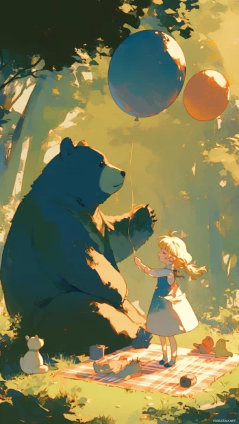 Masha holding a bear balloon beside a forest picnic blanket.