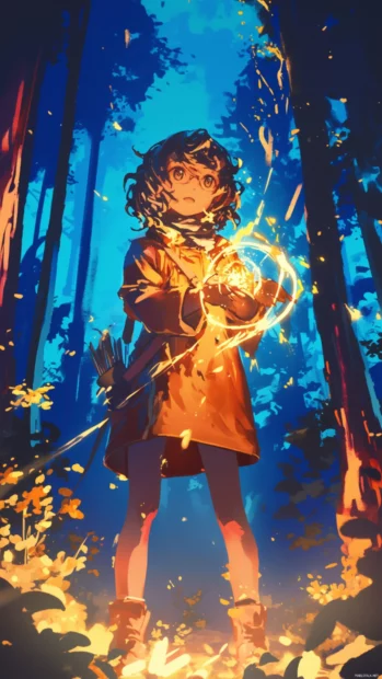 Masha holding a neon slingshot glowing in the dark forest.