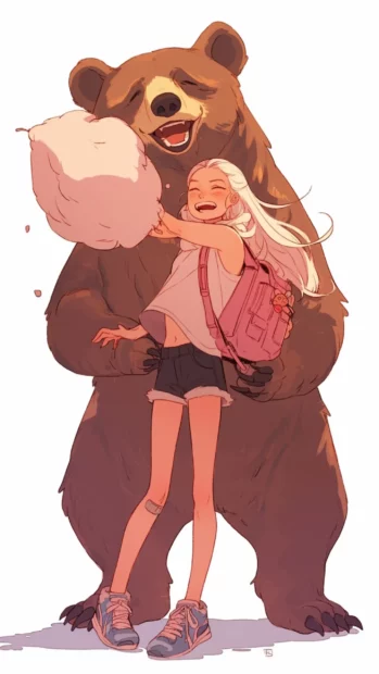 Masha tickling Bear with a cotton candy feather.