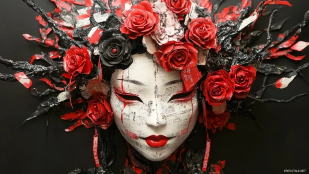 Mask of a geisha formed with roses and explosive tags.