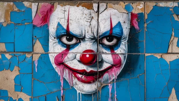 Masked clown face on cracked tile in dripping blue and pink graffiti.