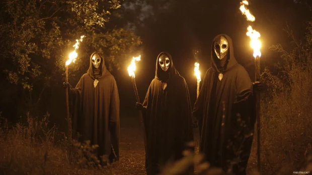 Masked figures in cloaks standing in a circle with torches.