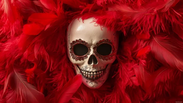 Masked skull in carnival style framed in red feathers.