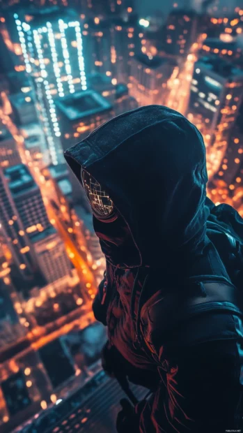 Masked vigilante overlooking the city from a digital tower.