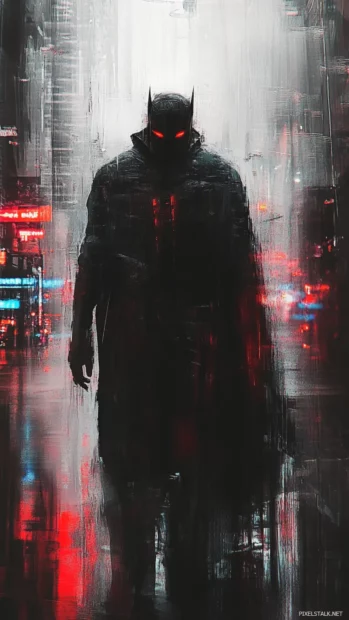 Masked vigilante walking through digital storm, ideal aesthetic in Cyberpunk vibe for iPhone display.