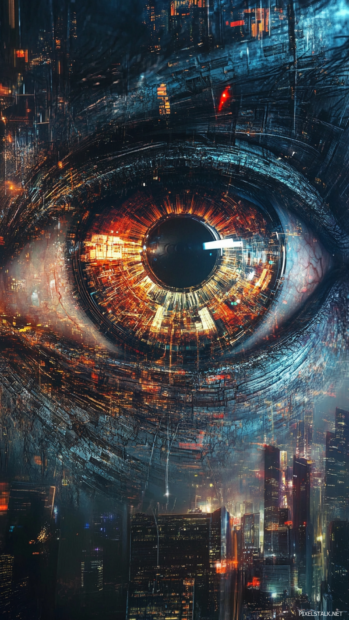 Massive AI eye monitoring a cybernetic city, a popular pick for cyberpunk phone wallpapers 4K.