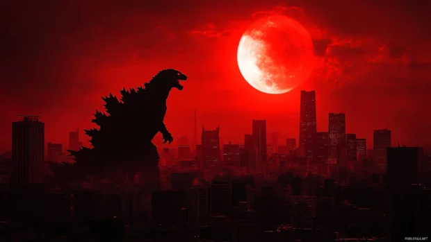 Massive Godzilla silhouette backlit by a red eclipse over Tokyo.