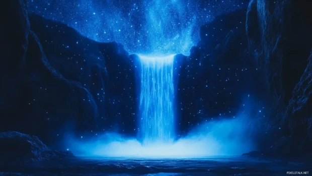 Massive blue neon waterfall flowing upward into stars.