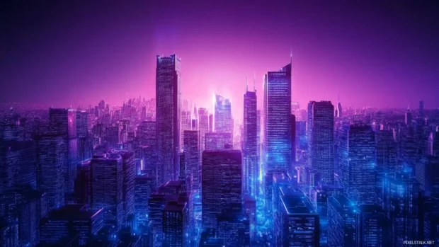 Massive futuristic city in deep blue and magenta tones, created to match top cyberpunk desktop wallpapers.