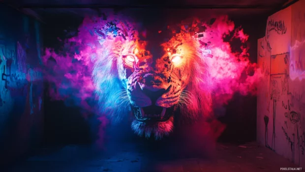 Massive lion face formed by broken tags and neon smoke.
