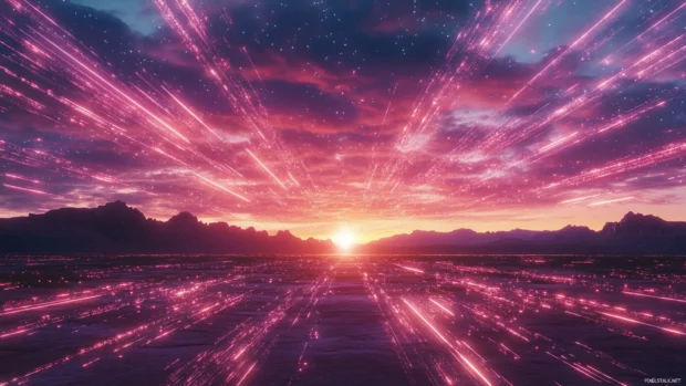 Massive neon circuits pulsing across desert plain.