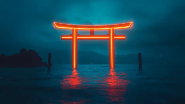 Massive neon gate suspended over dark ocean.