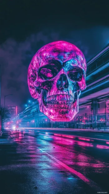 Massive neon skull towering over empty highway.