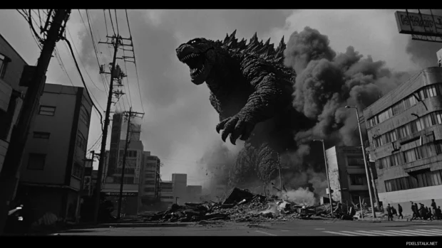 Massive roar from Godzilla as he cracks the pavement beneath him.