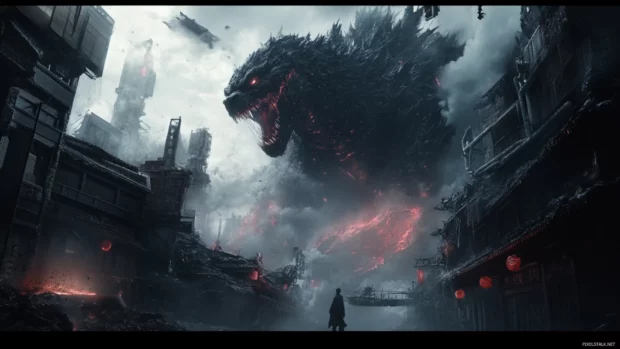Massive scale destruction in Shin Godzilla wallpapers for dark desktop themes.