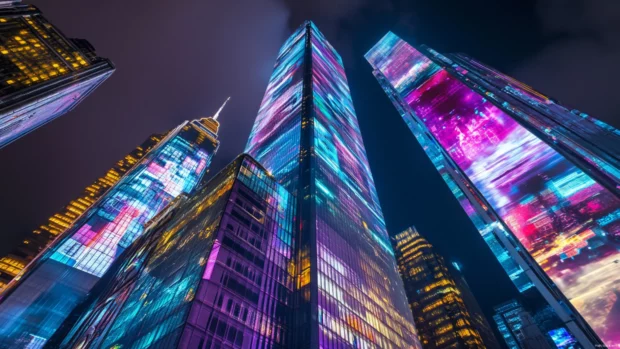 Massive skyscrapers wrapped in holographic ads and lights, one of the best cyberpunk desktop backgrounds in 4K.