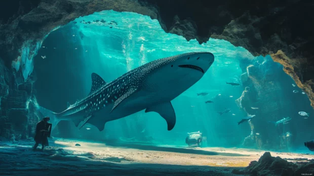 Massive whale shark passing by underwater cave.