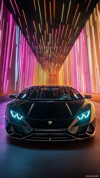 Matte black Lamborghini silhouette against city neon trails.