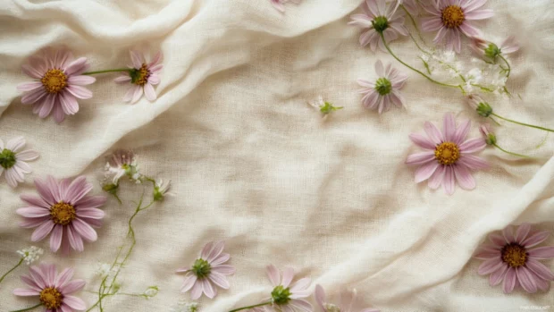 Mauve daisies scattered on creamy linen fabric texture background.