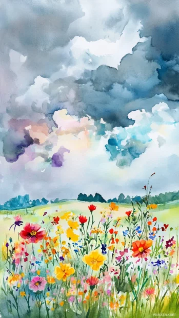 Meadow flowers bending under watercolor storm clouds.