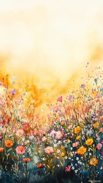 Meadow of wildflowers under warm fading light, a vibrant sunset meadow watercolor wallpaper.