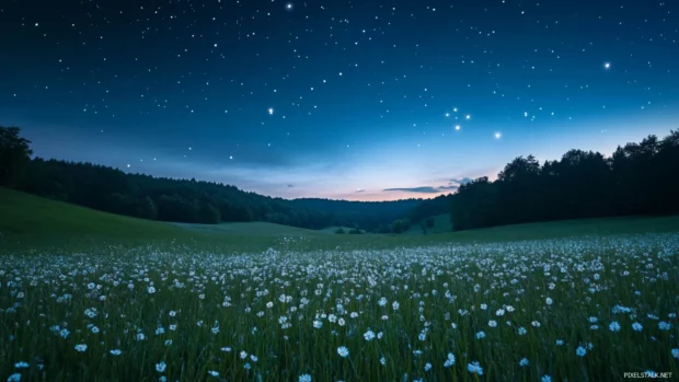 Meadows blooming under delicate starlight.