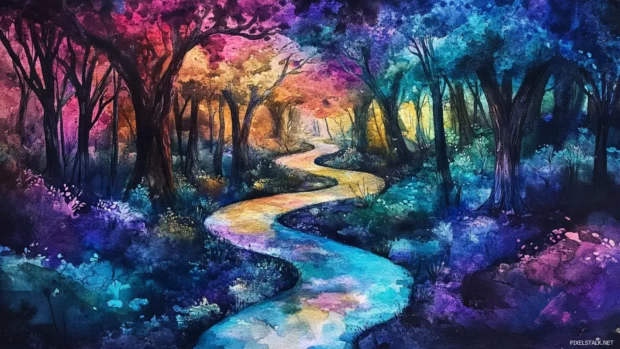 Meandering Path Through An Enchanted Forest Painted In Pastel Watercolors.