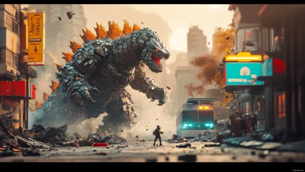 Mechagodzilla facing Godzilla across a debris filled street.