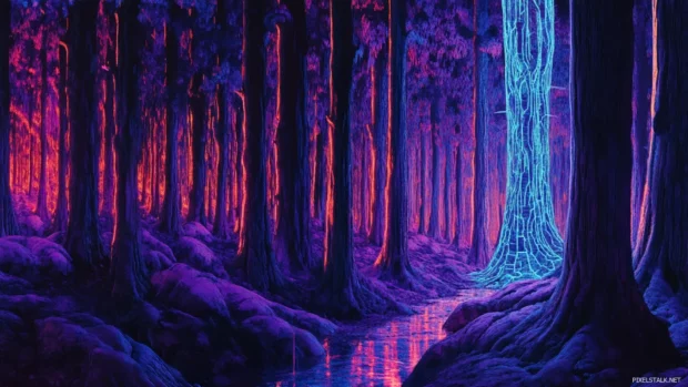 Mechanical Forest surrounded by cascading neon lights and ambient depth.