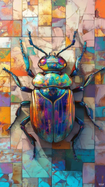 Mechanical beetle gliding across tiled color chaos.