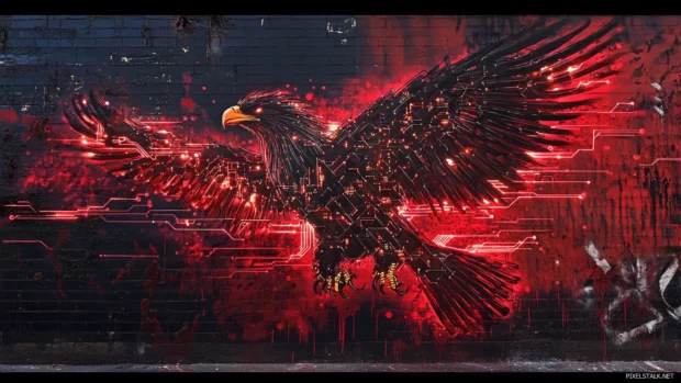 Mechanical eagle with glowing circuits in street mural style.