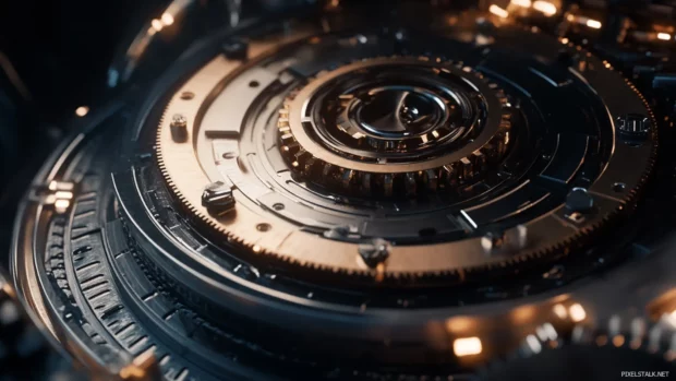 Mechanical gears turning smoothly in a steampunk design.