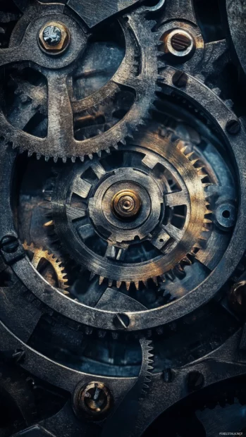 Mechanical gears turning with sharp metallic reflections.