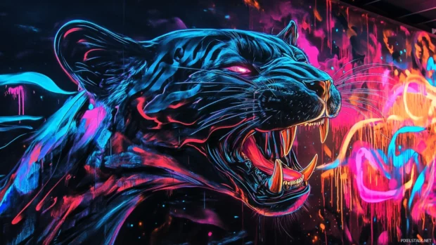 Mechanical panther growling in neon chaos mural.
